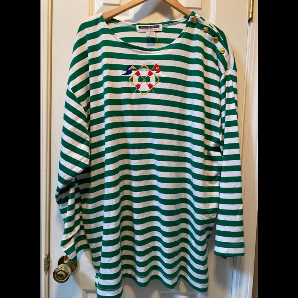 Jennifer Moore Active Wear green/white strip nautical embroidery. NEW